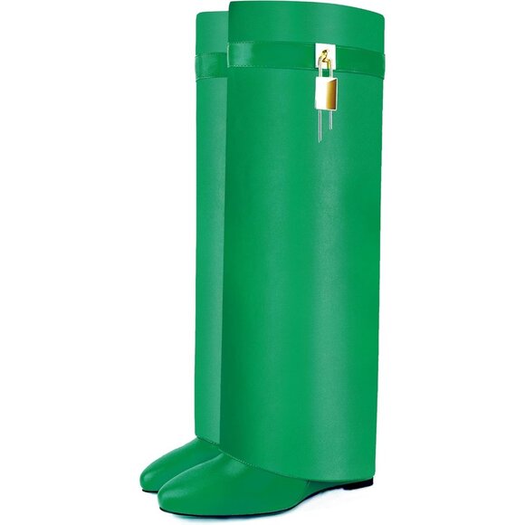 Women Faux Leather Green Pull-on Wedge Heel Knee Shark Padlock Design Boot - Picture 4 of 5